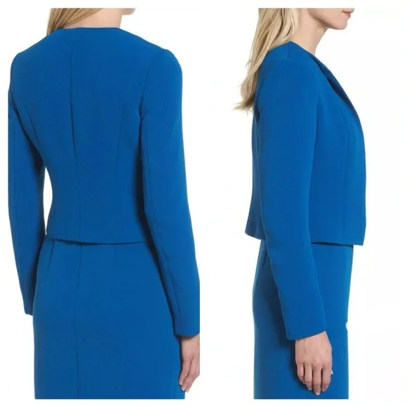 HUGO BOSS Blue Jerusa Textured Stretch Cropped Suit Blazer Jacket US 10 - Picture 1 of 11